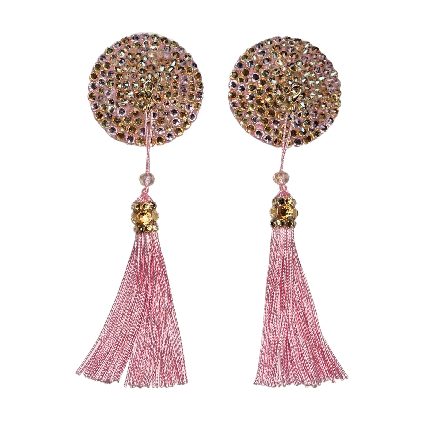 2" Round Rhinestone Pasties - Golden Sunset Blush - Pink and Gold Removable Spinner Tassels