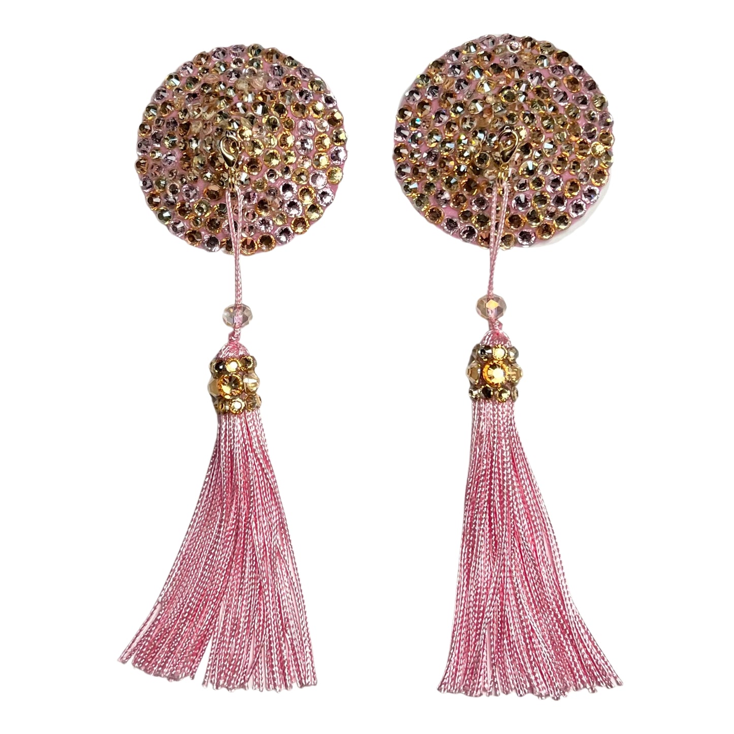 2" Round Rhinestone Pasties - Golden Sunset Blush - Pink and Gold Removable Spinner Tassels