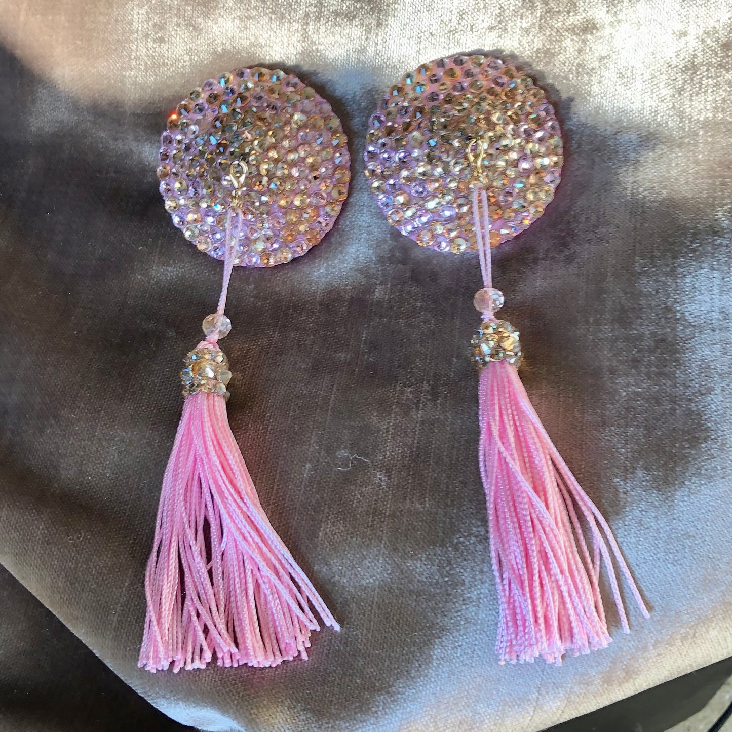 2" Round Rhinestone Pasties - Golden Sunset Blush - Pink and Gold Removable Spinner Tassels