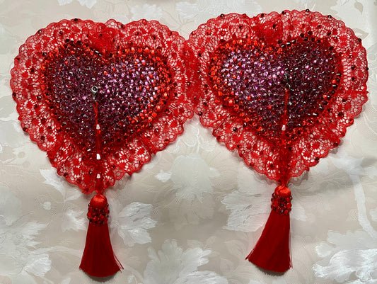 Pink & Red Lace Heart Rhinestone Pasties/Assels - 6.5"