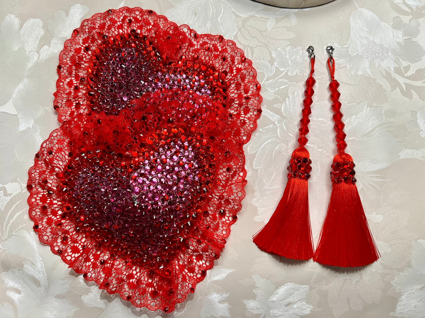 Pink & Red Lace Heart Rhinestone Pasties/Assels - 6.5"