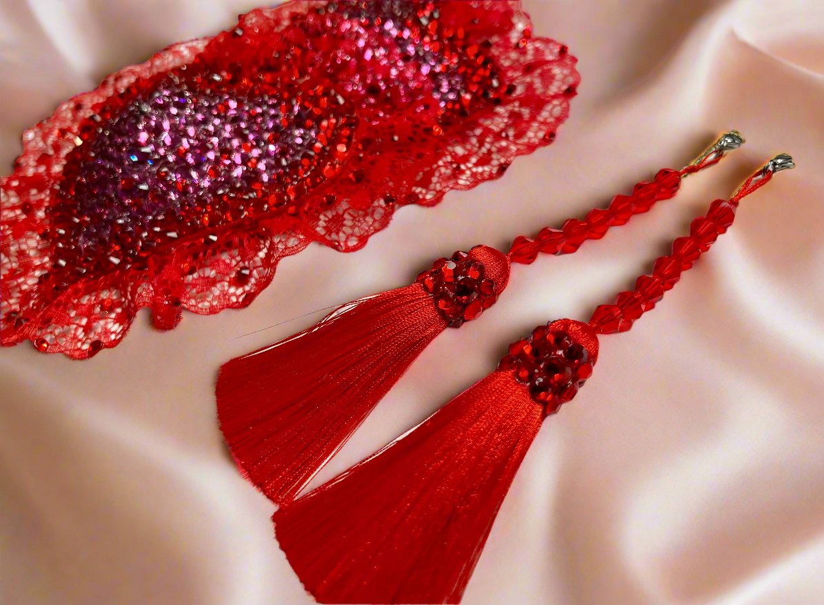 Pink & Red Lace Heart Rhinestone Pasties/Assels - 6.5"