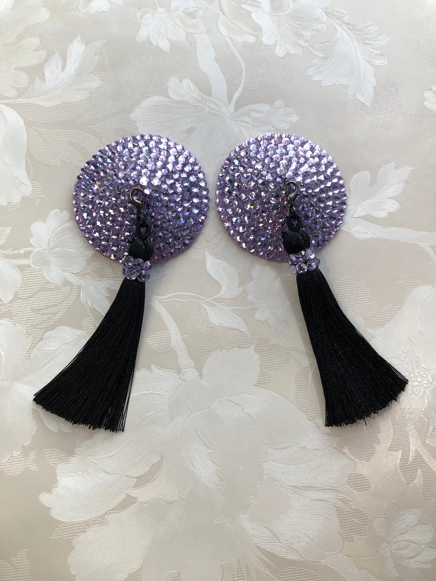 Lavender/Violet Rhinestone Pasties with Removable Black Tassels - 2.25"