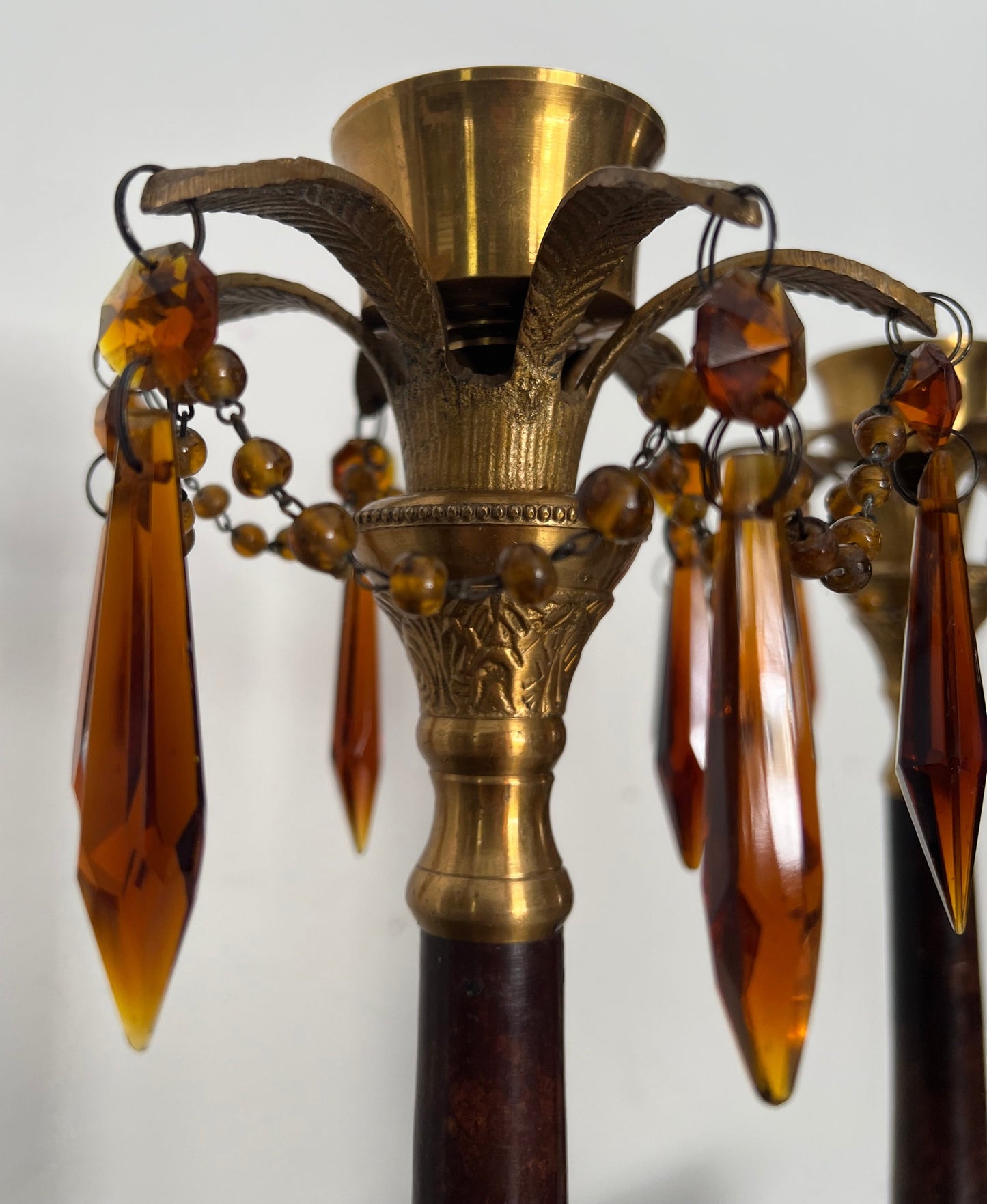 Brass Palms and Amber Crystals Vintage 14.25" Candlestick Holders