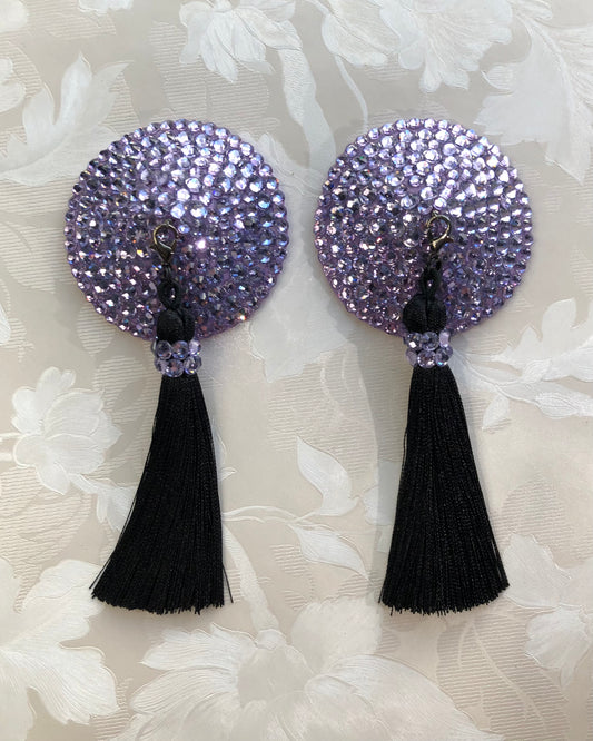 Lavender/Violet Rhinestone Pasties with Removable Black Tassels - 2.25"