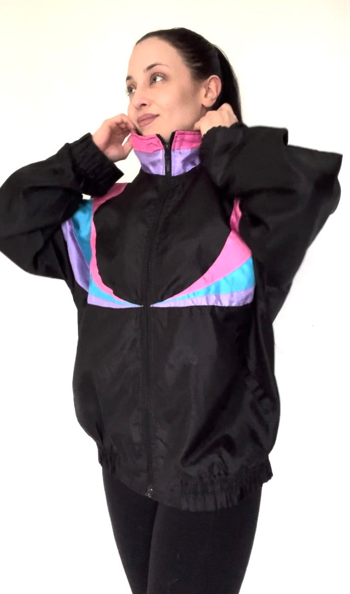 Black Pink Purple Blue Nylon Windbreaker 80s Vintage Jacket - Size Women's Large