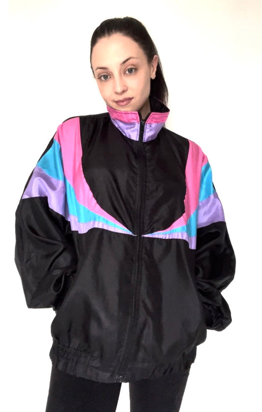 Black Pink Purple Blue Nylon Windbreaker 80s Vintage Jacket - Size Women's Large