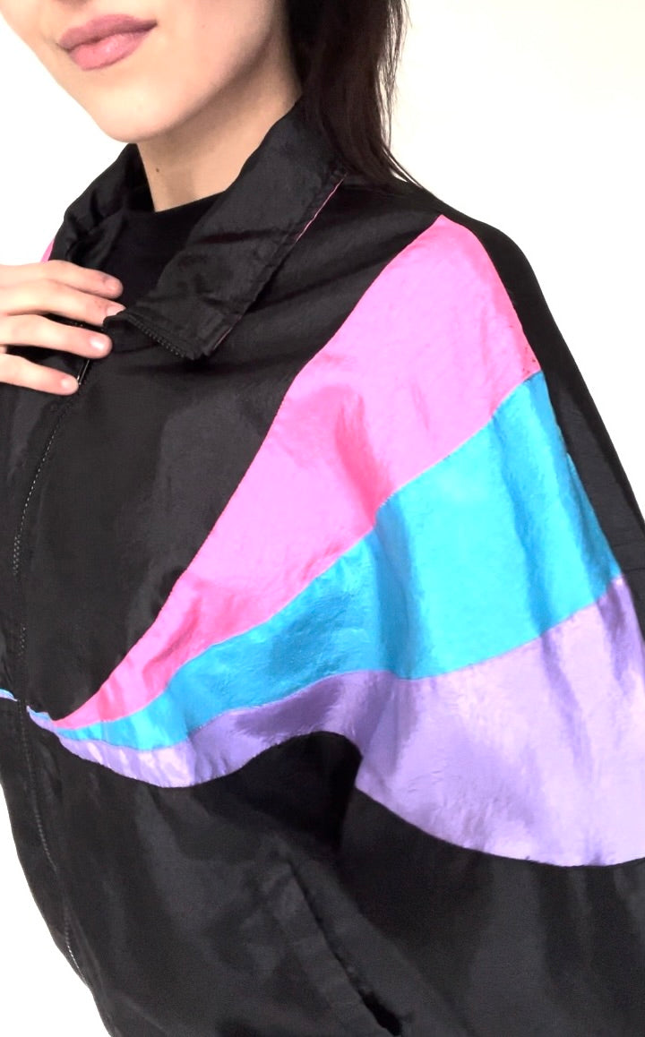 Black Pink Purple Blue Nylon Windbreaker 80s Vintage Jacket - Size Women's Large