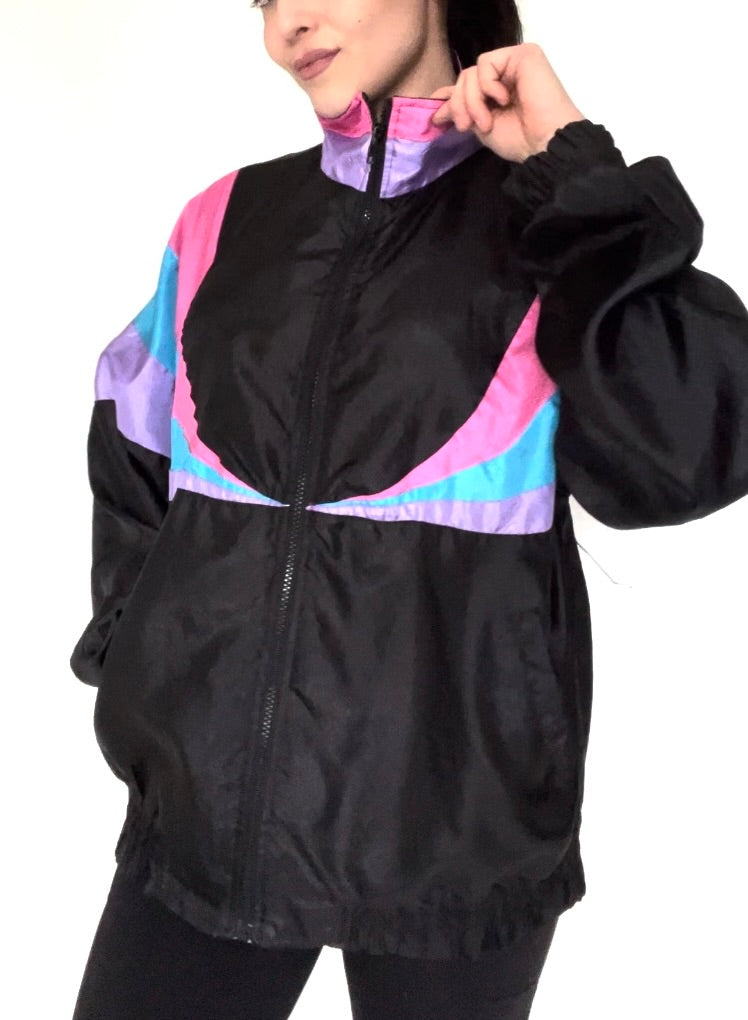 Black Pink Purple Blue Nylon Windbreaker 80s Vintage Jacket - Size Women's Large