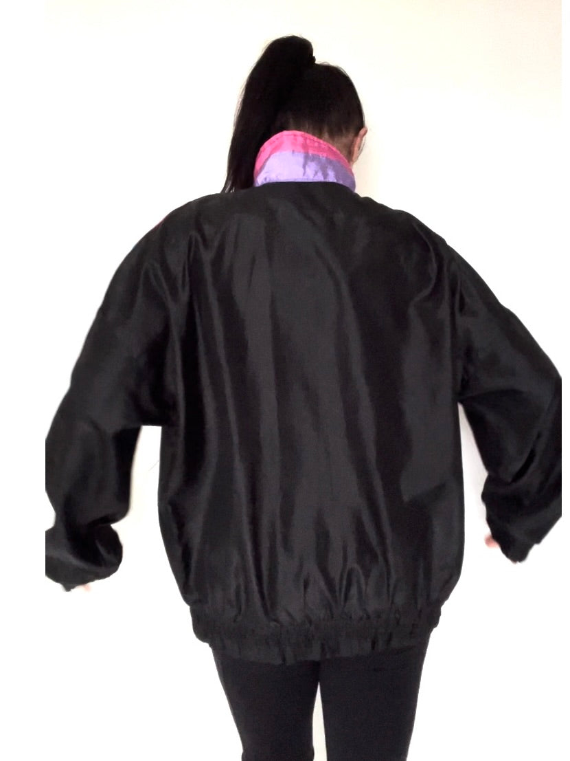 Black Pink Purple Blue Nylon Windbreaker 80s Vintage Jacket - Size Women's Large