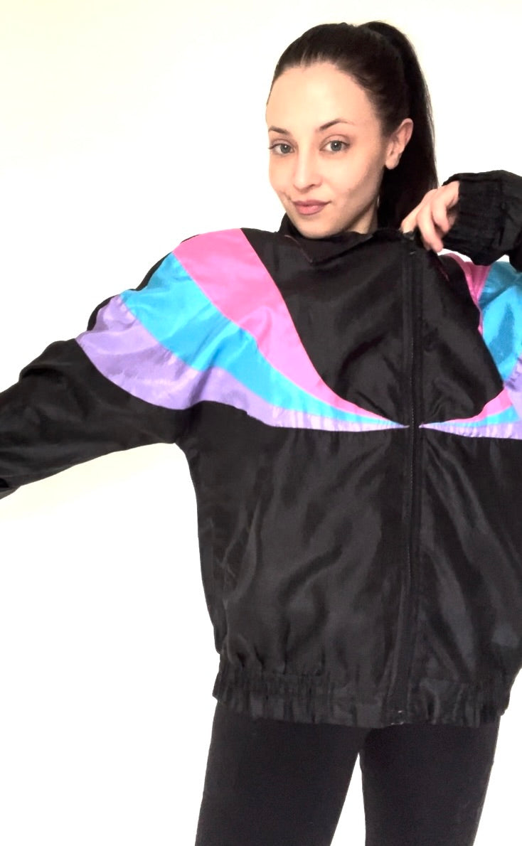 Black Pink Purple Blue Nylon Windbreaker 80s Vintage Jacket - Size Women's Large