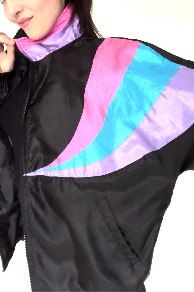 Black Pink Purple Blue Nylon Windbreaker 80s Vintage Jacket - Size Women's Large